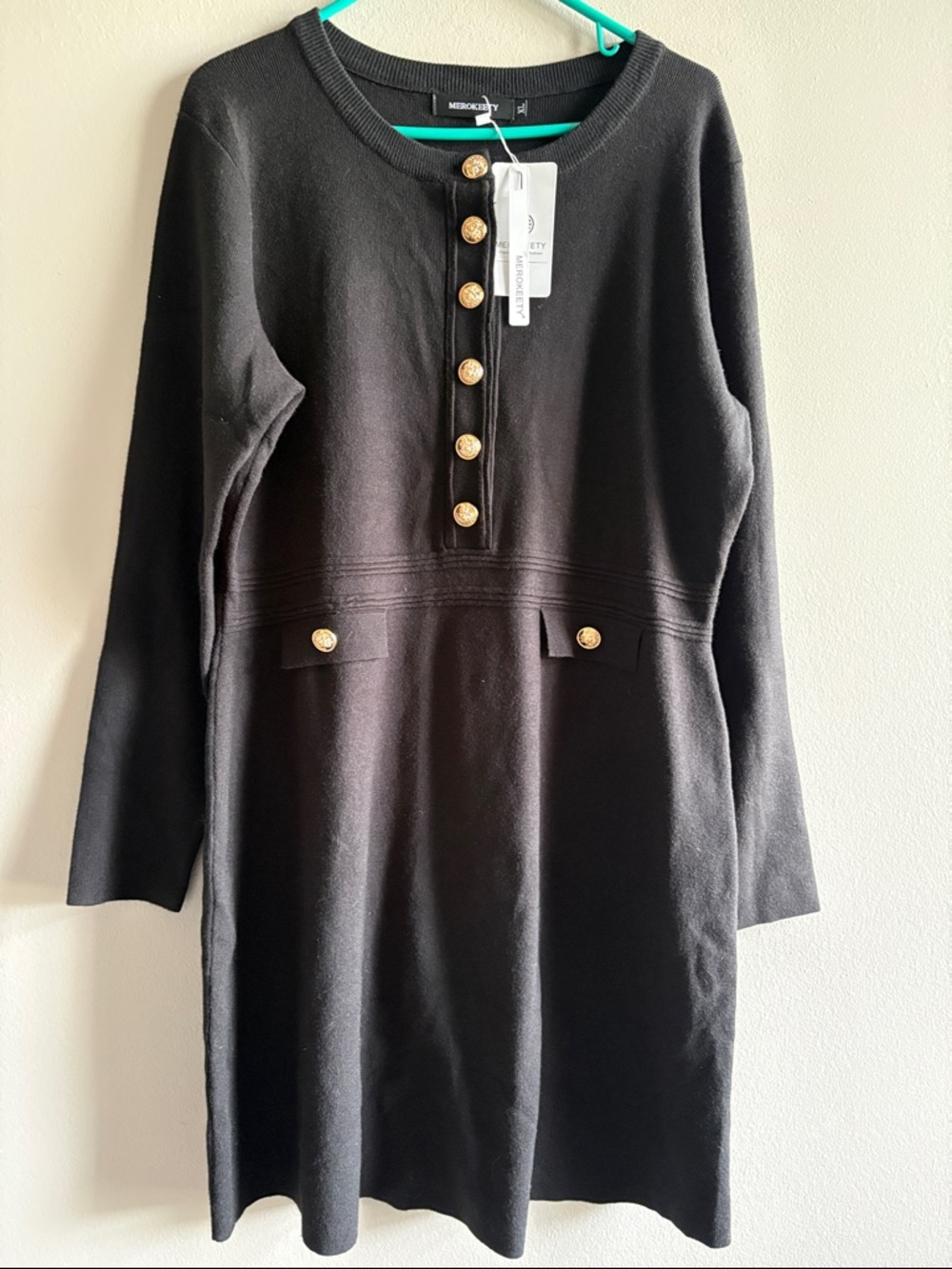 MEROKEETY BODYCON BUTTON CREW NECK ELEGANT FORMAL MINI DRESSES